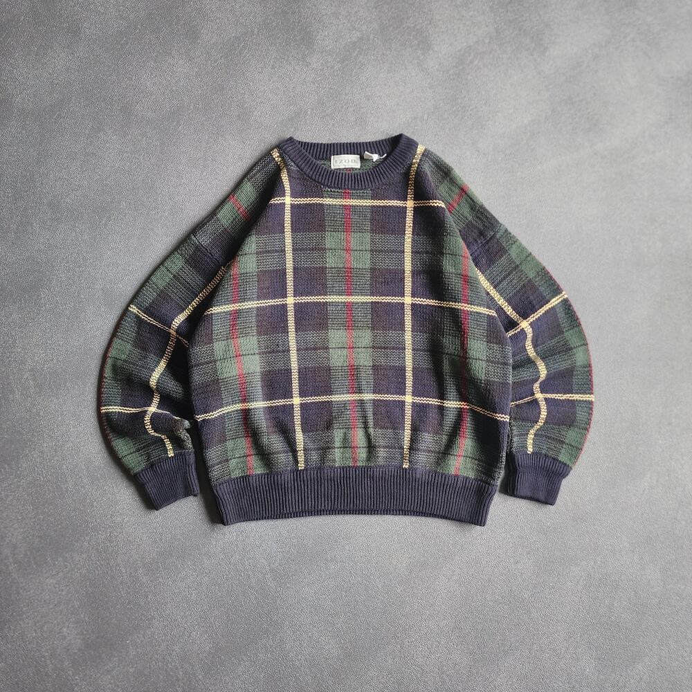 Vintage 90's Izod Green Plaid Cotton Pullover Sweater Large